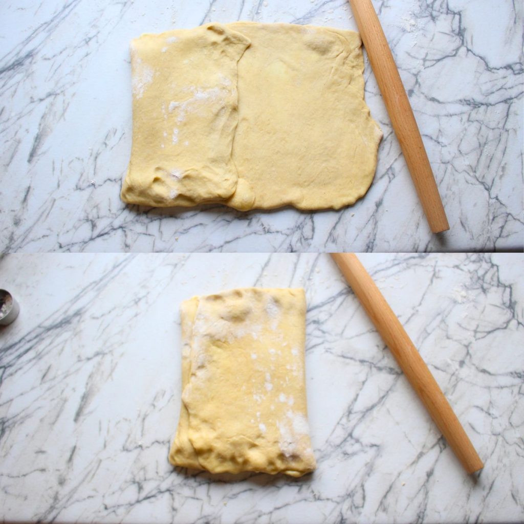 Top and bottom pictures of Swedish cardamom coffee cake doughs in the process of folds like puff pastry. Top - left half folded to the middle; Bottom - right half of dough folded to complete the letter fold.