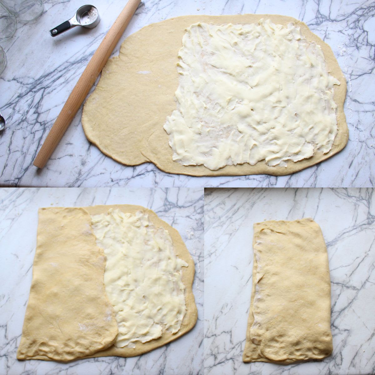 Three pictures of Swedish cardamom coffee cake dough in various stages of being folded like puff pastry dough. Top - rolled out with butter block on it; Left bottom - left side folded; Right bottom - complete fold like a letter with no butter showing.