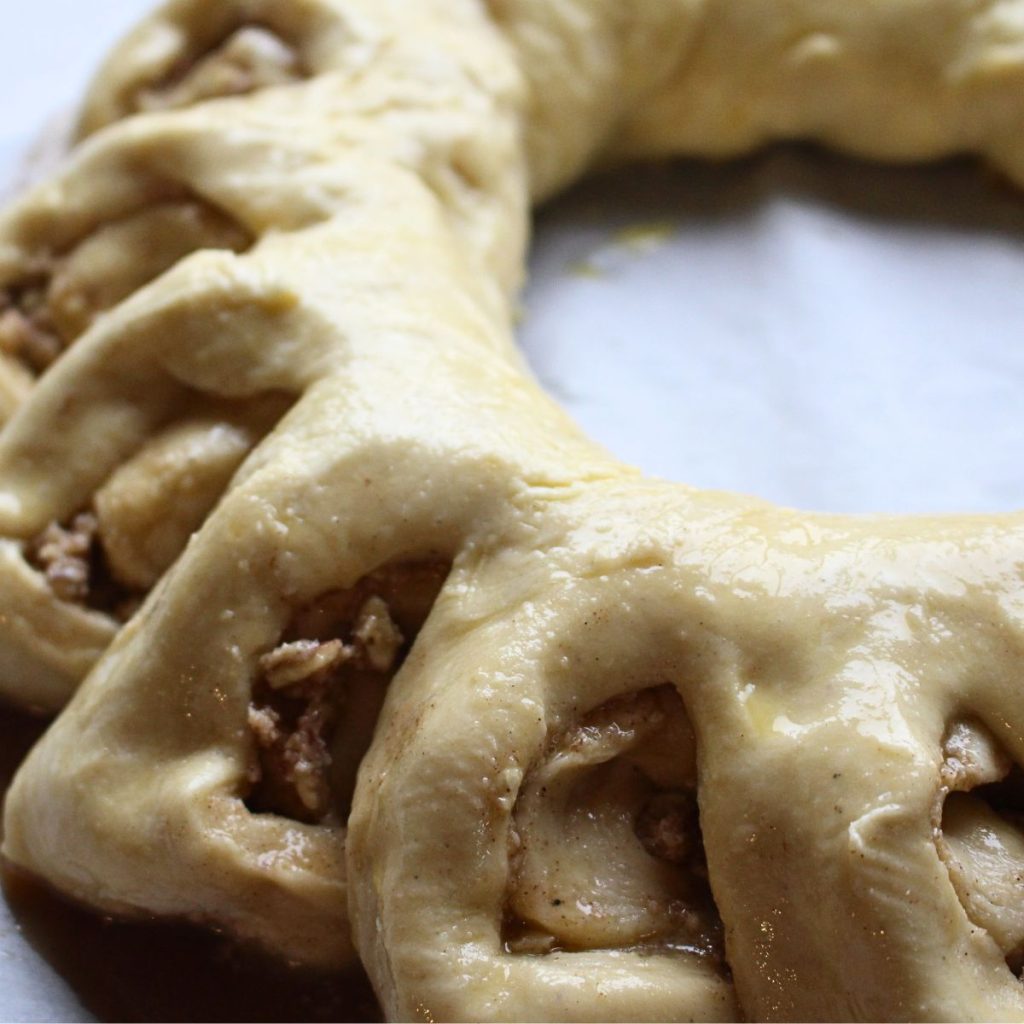 Swedish cardamom coffee cake glazed with egg wash.