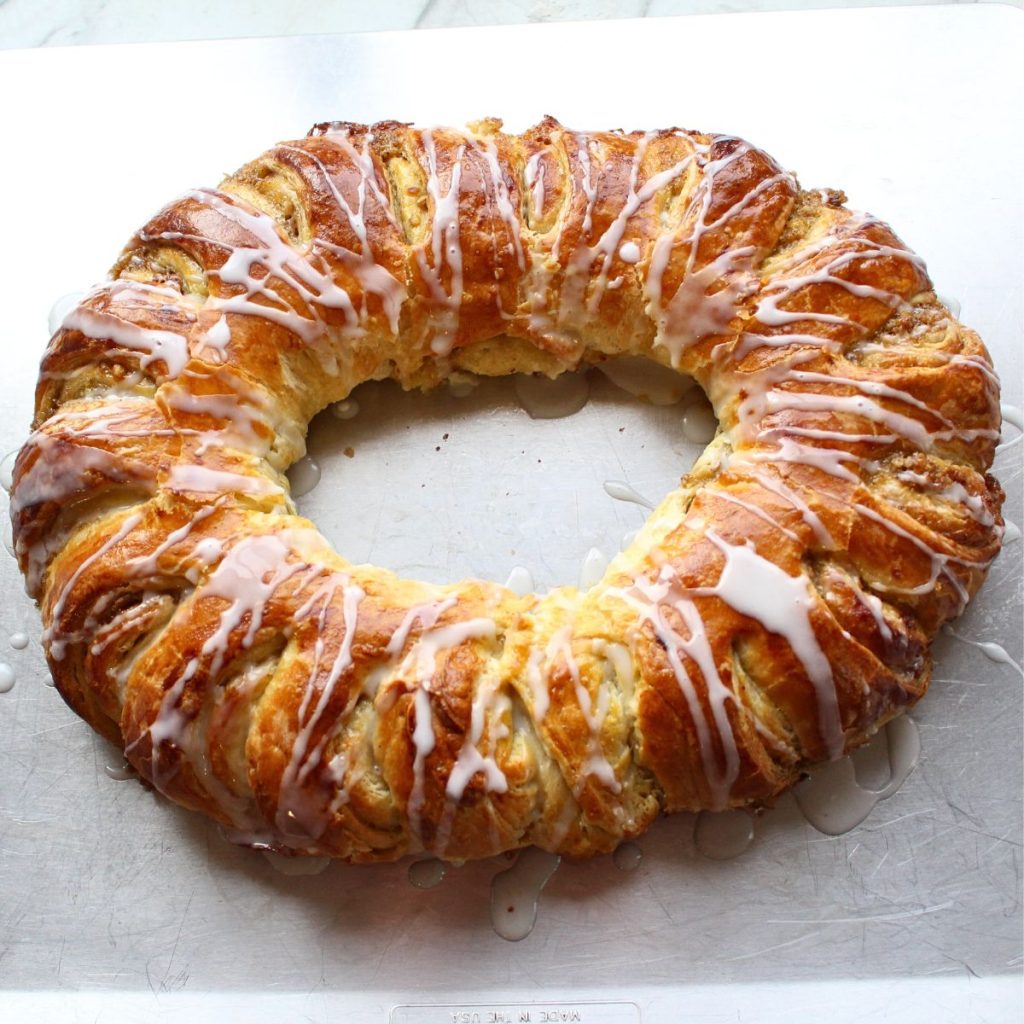 Swedish cardamom coffee cake with glaze on top.
