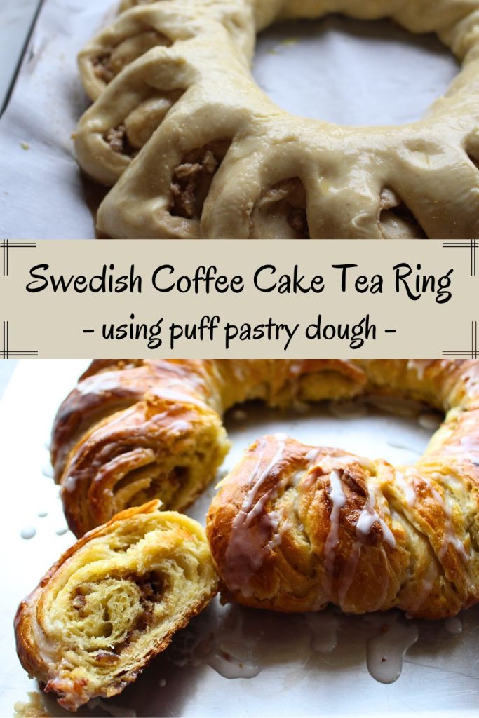 Two pictures of the Swedish coffee cake tea ring with one in the process at the top and one baked at the bottom.