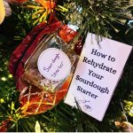 Sourdough starter diy ornament on a Christmas tree with booklet hanging to the right of it.