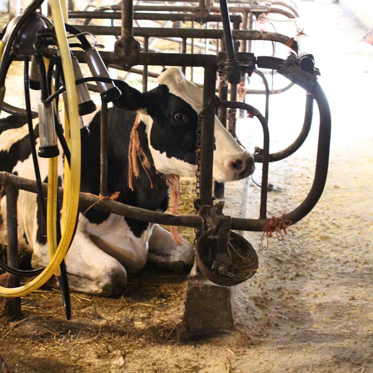 A cow lying in a stanchion barn with a milker hanging off to the left.