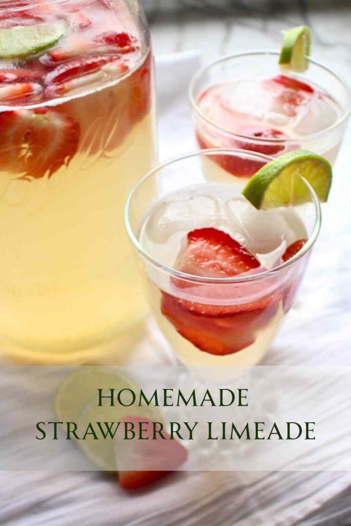 A mason jar with two glasses full of homemade strawberry limeade. The title "Homemade Strawberry Limeade" is on the bottom.