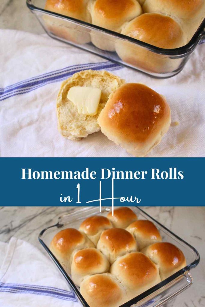 Two pictures of homemade 1 hour dinner rolls with the text in the middle saying "Homemade Dinner Rolls in 1 Hour".