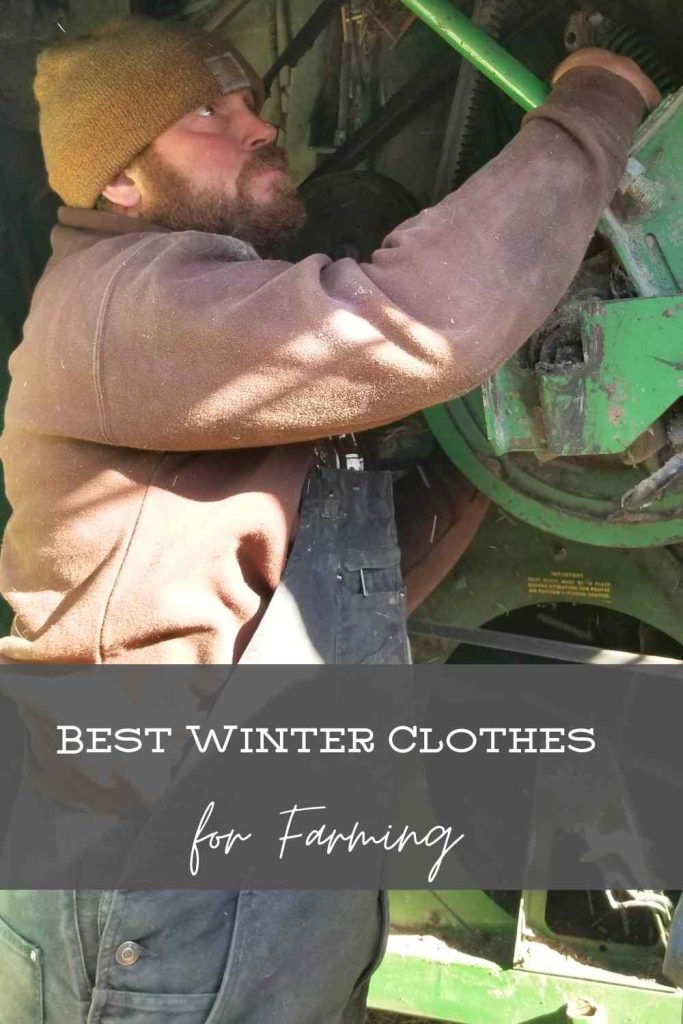 A man fixing a combine in winter clothing. Text underneath him says "Best Winter Clothes for Farming"